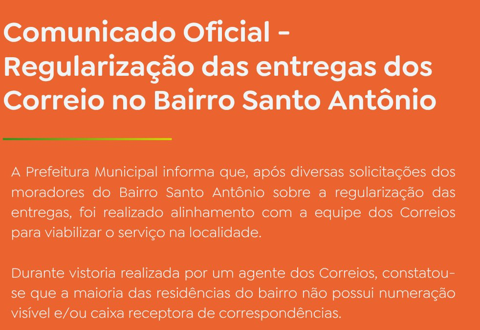 Regularização das entregas dos Correios no Bairro Santo Antônio