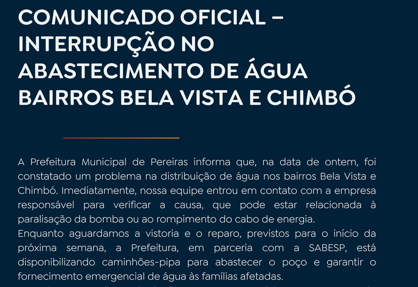 Interrupção no Abastecimento de Água nos Bairros Bela Vista e Chimbó