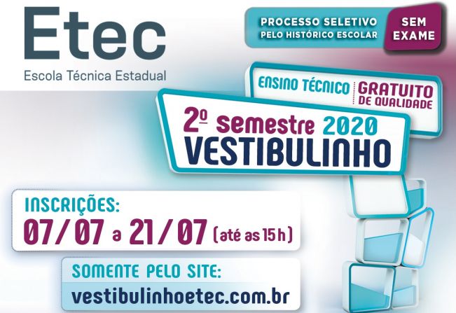 INSCRIÇÃO PARA O VESTIBULINHO DA ETEC COMEÇA DIA 07 DE JULHO.
